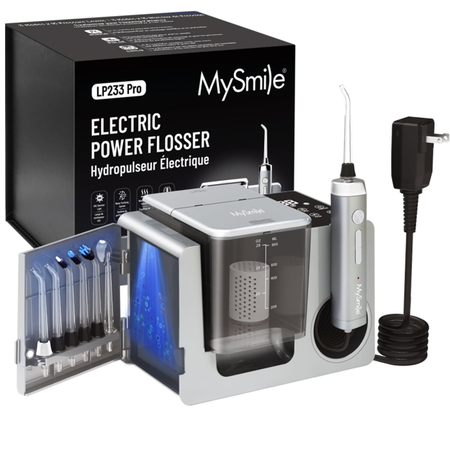 MySmile LP233 Pro 800ml Countertop Electric Dental Water Flosser with 30PC Mouthwash & UVC Sterilizer Light, Power Oral Irrigator for Teeth Braces 6 Jet Tips, Silver