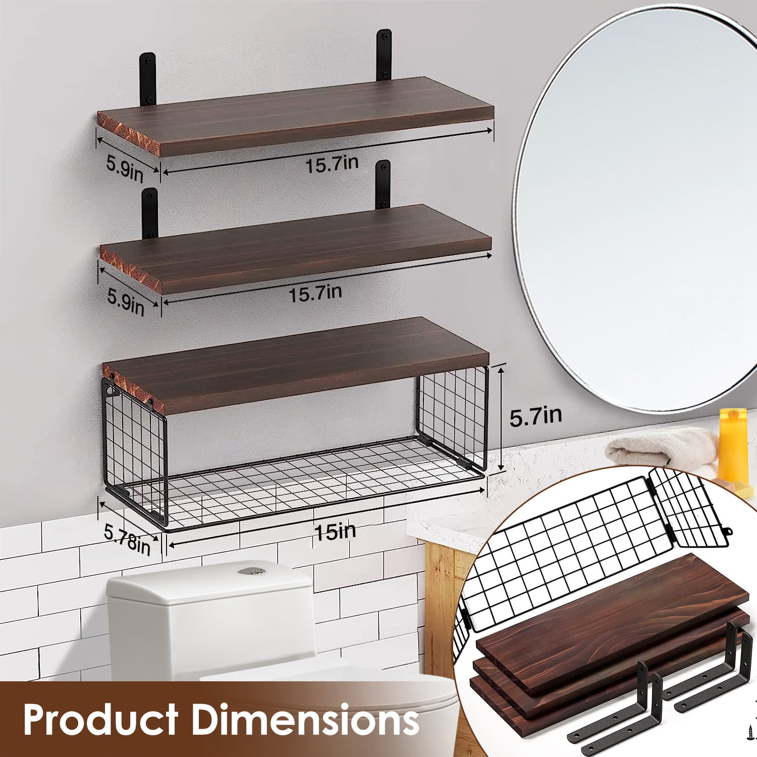 Zorpupoa Rustic Floating Shelves, Wall Mounted Wooden Bathroom Floating Shelves Over Toilet Shelves with Storage Basket for Living Room Kitchen Office, Brown