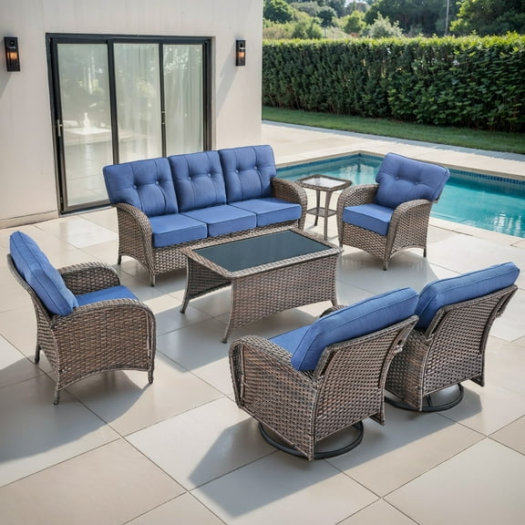 POCASSY Brown Wicker 7 Piece Patio Furniture Set with 5" Thick Cushions, Outdoor Patio Furniture Set with Swivel Gliding Rocker Chairs and Club Chairs