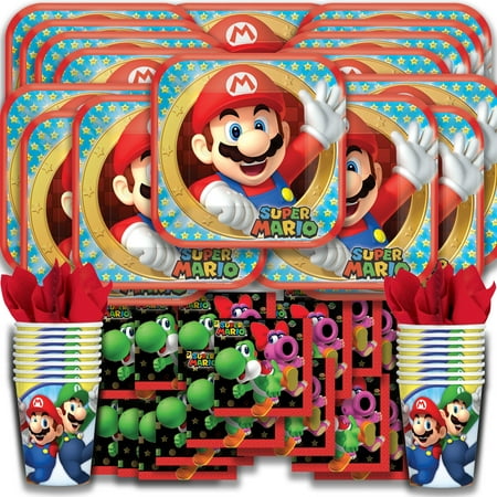 Super Mario Brothers Party Pack Seats 16 - Napkins, Plates, and Cups - Super Mario Brothers Party Supplies, Deluxe Party Pack