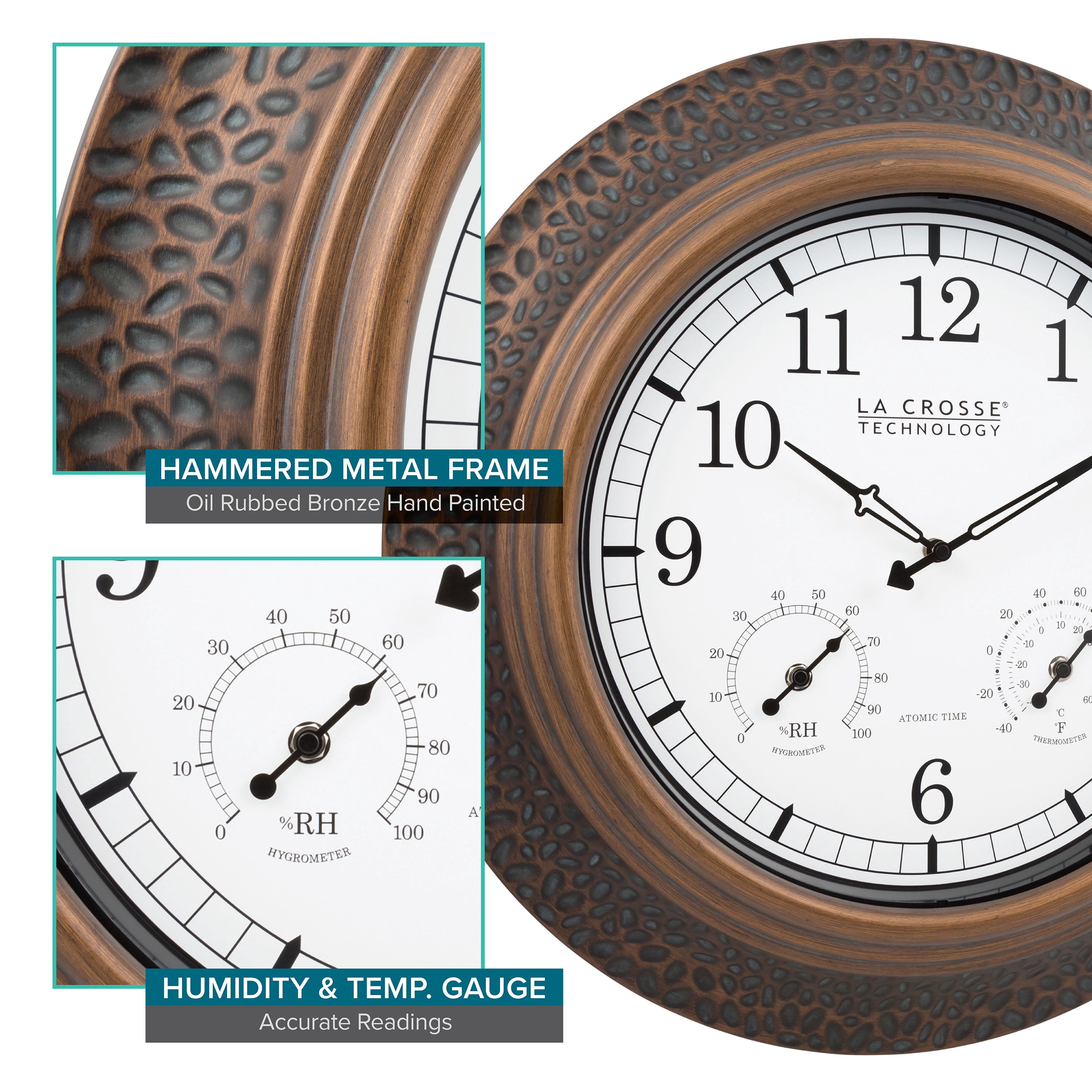 La Crosse Technology 21 inch Indoor/Outdoor Atomic Metal Wall Clock with Temp & Humidity, 433-3256A-INT