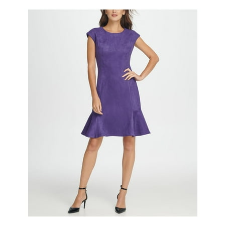 DKNY Womens Purple Cap Sleeve Jewel Neck Knee Length Fit + Flare Party Dress Size 14
