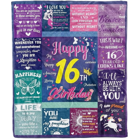 16th Birthday Gifts for Girls, Sweet 16 Blanket Birthday Gifts for 16 Year Old Girls, 16 Year Old Girl Gifts for Daughter Sister Niece Teenager, Happy 16th Blanket 16th Birthday Presents, 60x50 Inch
