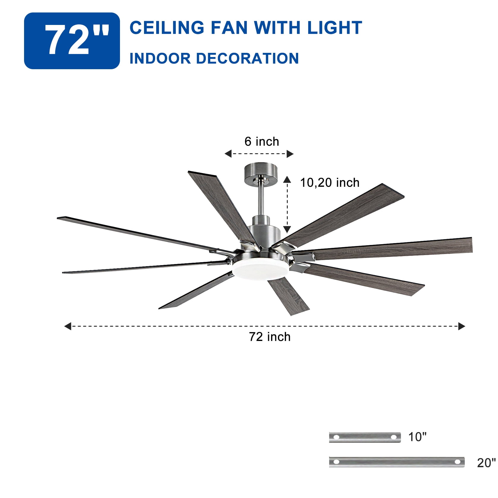 Mintazer 72 in Ceiling Fan with Lights and Remote, Modern Ceiling Fan with 6 Speed & 8 Blade for Farmhouse Bedroom Living Room Gazebo Patio, Silver