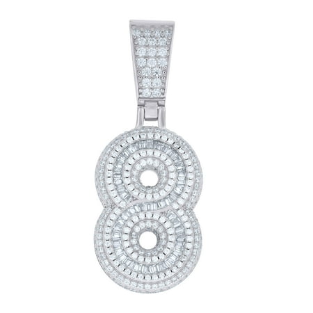925 Sterling Silver Unisex Round Baguette Cubic-Zirconia Initial Number 8 Charm Pendant