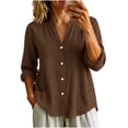 thumbnail image 2 of Cotton Linen Button Down Shirt for Women Ghalytn V Neck Stand Collar Blouse - Long Sleeve Casual Top with Pockets, 2 of 8