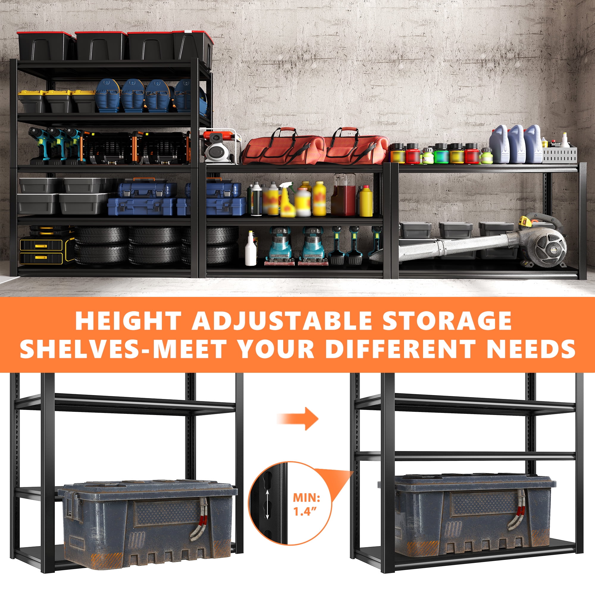 REIBII 48''W Garage Shelving 2500LBS Heavy Duty Storage Shelves Metal Shelving Adjustable 5 Tier Metal Shelves for Storage Rack Industrial Shelving Utility Shelf,48''W X 72''H X18''D
