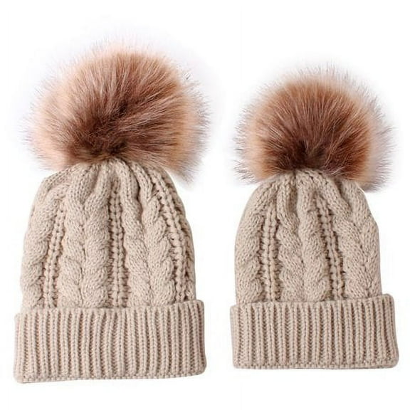 Viworld 2Pcs Parent-child Knitted Earflap Cap, Mother Baby Pompoms Winter Hat, Solid Color Beanie Crochet Cap