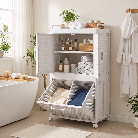 VECELO 34.3" Tall Tilt‑Out Laundry Basket with Wheels & Handle, Rolling Plastic Laundry Hamper Storage Cabinet, Double Door for Bathroom Laundry Room Bedroom, White