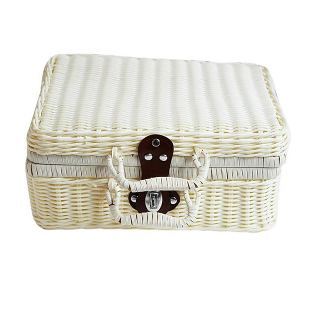 Valise en Osier Style Rétro Portable pour Aliments, Accessoires Photo, Étui de Rangement Imitation Rotin, Panier de Pique-Nique pour Maison, Extérieur, Jardin, Patio - Blanc 26x16x10 cm