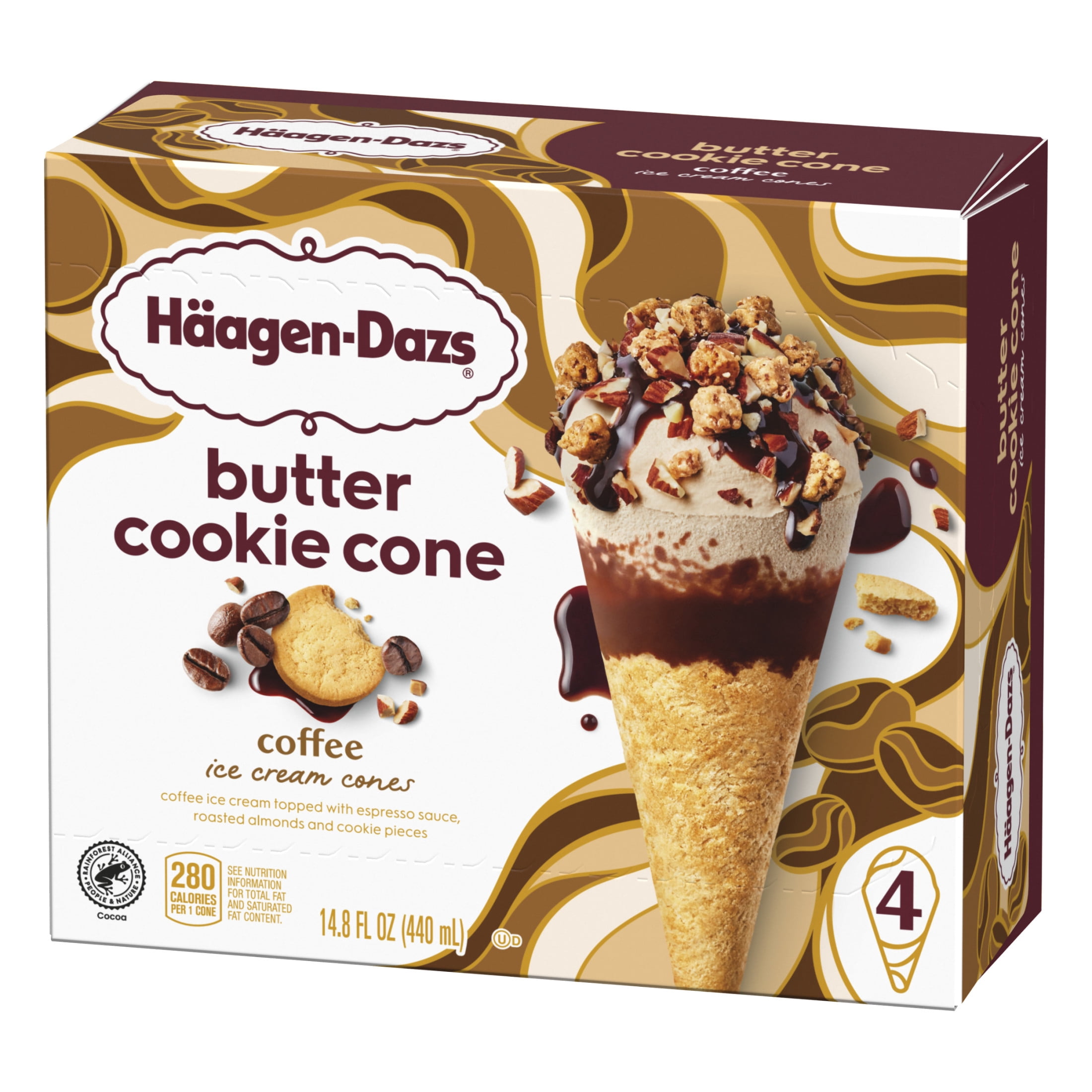 Haagen Dazs Coffee Butter Cookie Ice Cream Cone Dessert, 4 Count Package