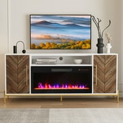 BELLEZE 68" Wood TV Stand with 36" Electric Fireplace, Entertainment Center with Storage Cabinet, Console Table for TVs up to 75 Inches, for Living Room, Bedroom - Harper (White Ebony)