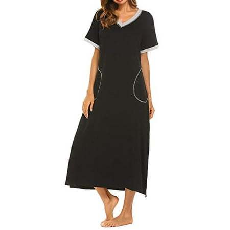 

〖WOJER〗Women’s Nightshirt Short Sleeve Nightgown Ultra-Soft Full Length Sleepwear Dress