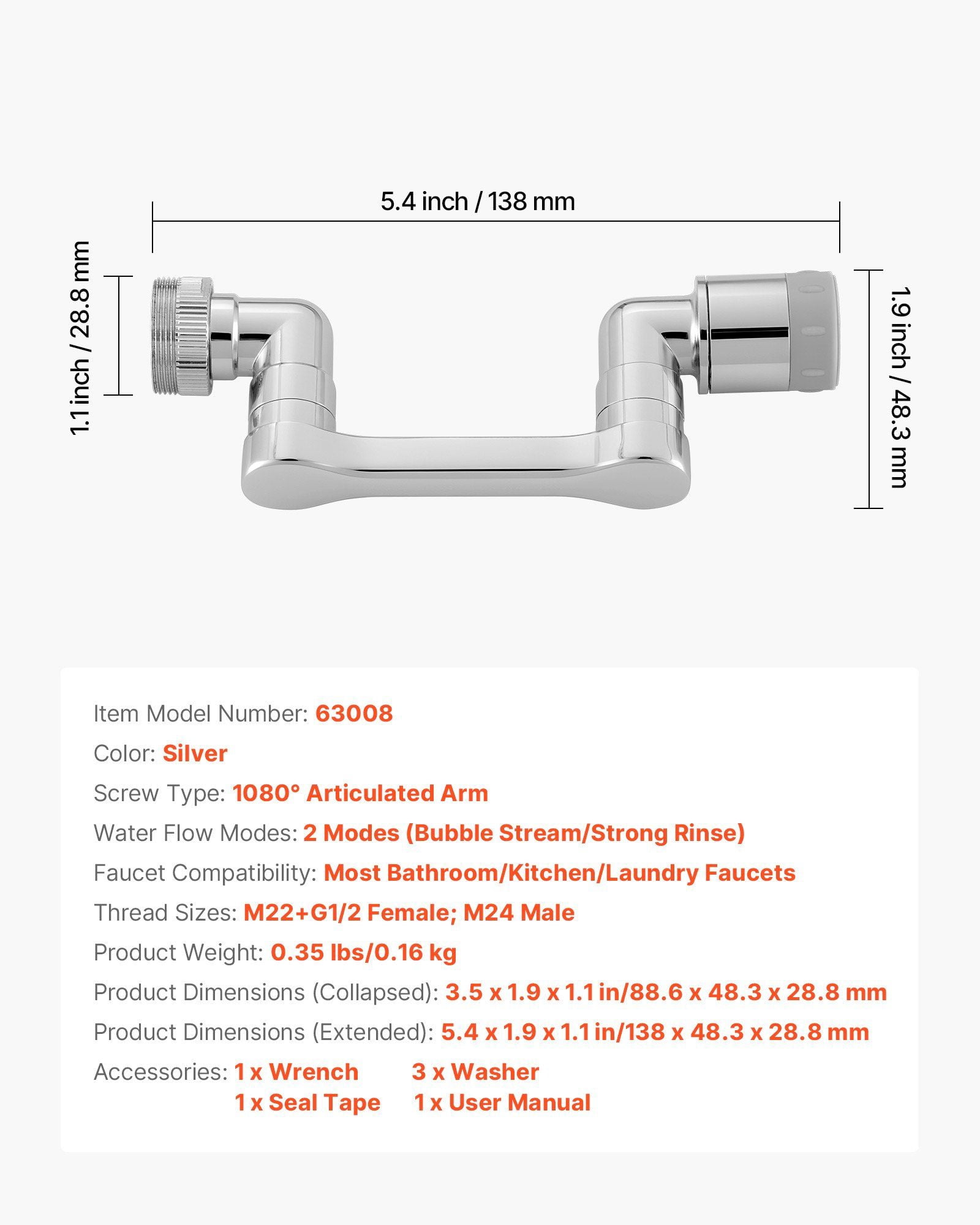 Universal 360° Swivel Faucet Aerator with Extension Arm, Anti-Splash Filter, Easy Install for Kitchen Sink, 2 Spray Modes, Chrome Plated Brass