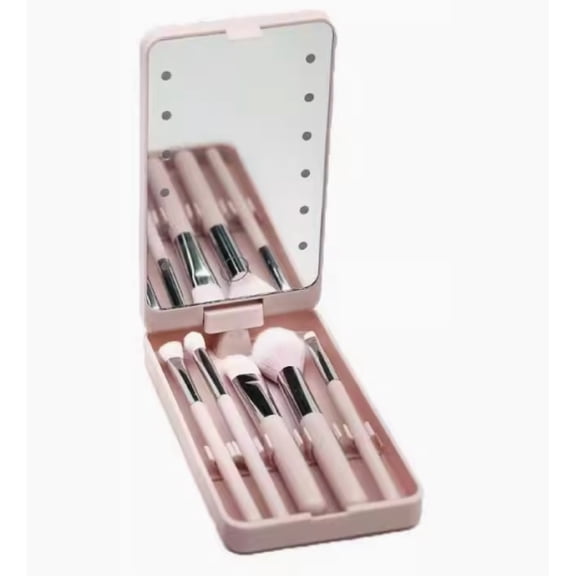 BUCNUO Cosmetic brushes,Travel Makeup Brush Set with LED Light Mirror, Cosmetic Makeup Brushes Kit with Holder Case and Mirror (Pink)