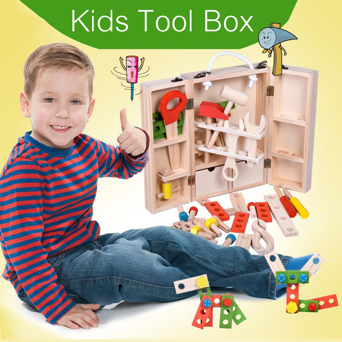 Kids Boy Toddler Wooden Carpenter Tool Box Pretend PLAY Set Hand