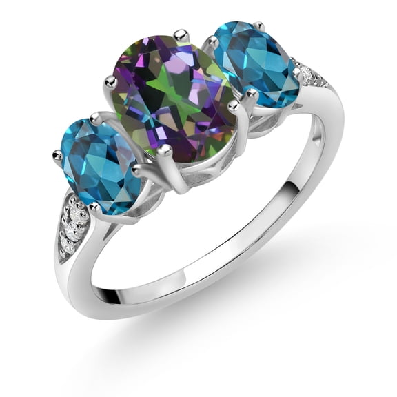 Gem Stone King 10K White Gold Green Mystic Topaz London Blue Topaz and White Lab Grown Diamond 3 Stone Engagement Ring for Women (2.82 Cttw, Gemstone Birthstone, Size 5)