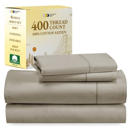 California Design Den 400 Thread Count 100% Cotton Sateen Weave Sheet Set  Queen Size  Taupe