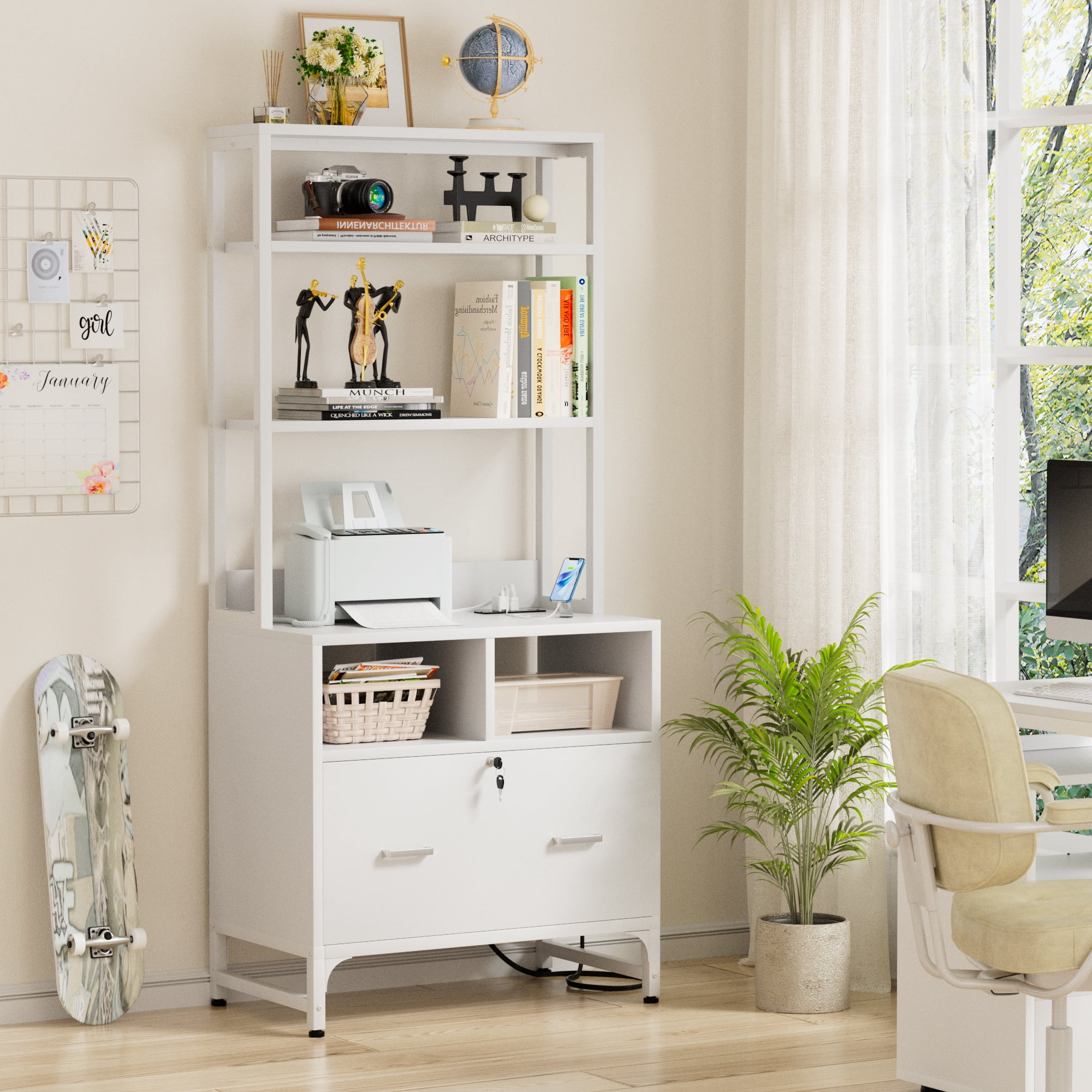 Aheaplus Vertical File Cabinet with Charging Station, Lock & Large Drawer - Printer Stand, Shelves for Letter/A4/Legal,White