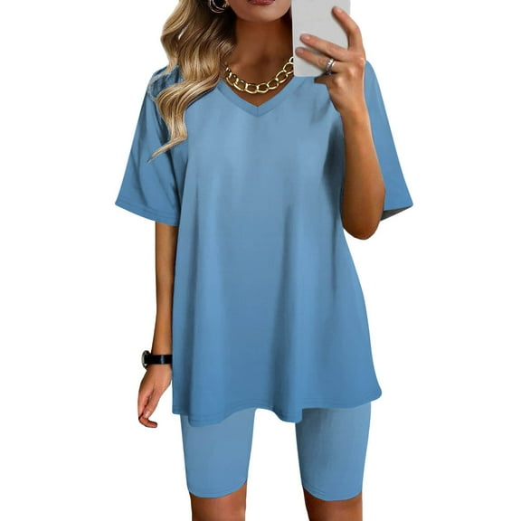 LOVZFMLL Two Piece Sets for Women Oversized V Neck Basic T-Shirt and Biker Shorts Matching Short Sets Summer Casual Outfits Loungewear Blue B L