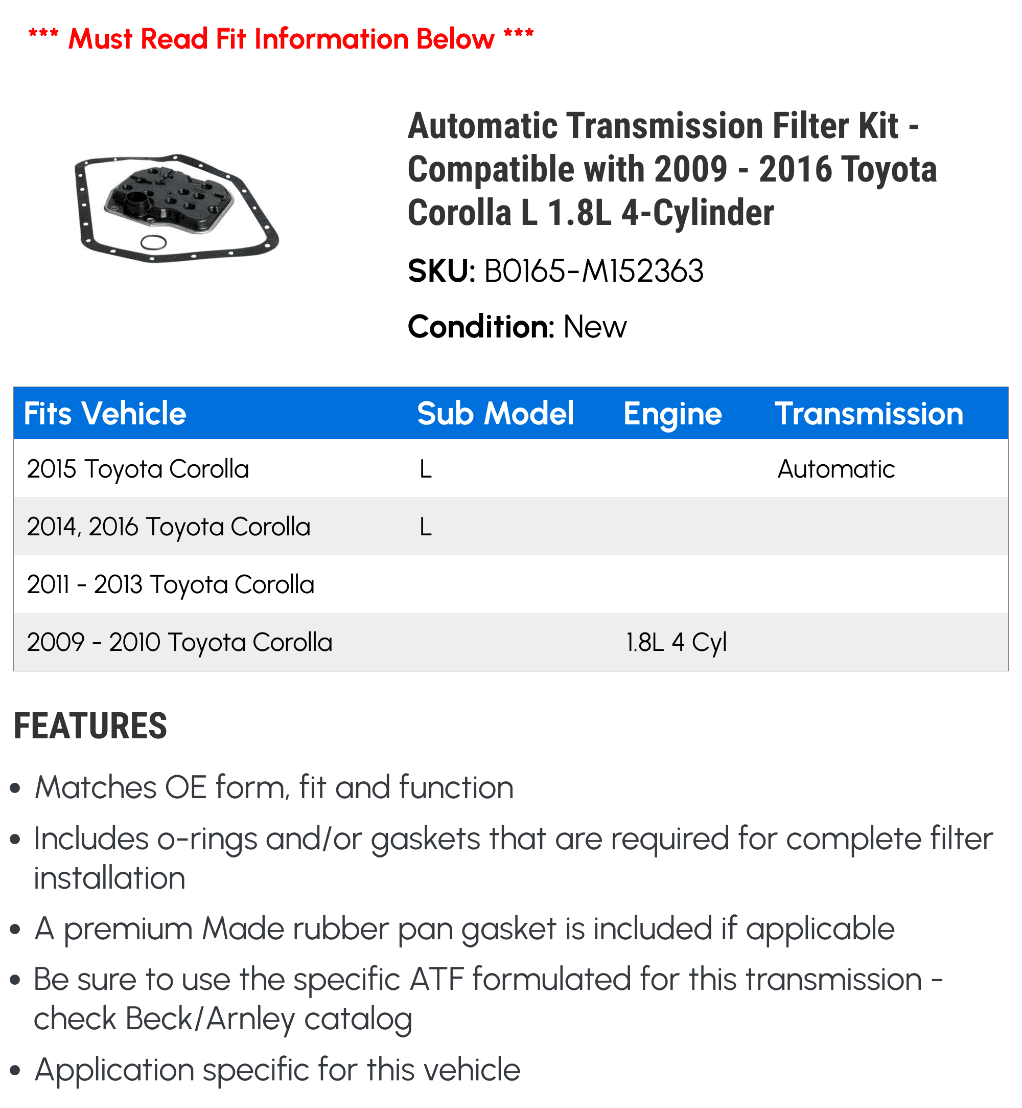 Automatic Transmission Filter Kit - Compatible with 2009 - 2016 Toyota Corolla L 1.8L 4-Cylinder 2010 2011 2012 2013 2014 2015