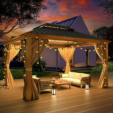 EROMMY 10' x 12' Hardtop Gazebo, Wooden Finish Coated Aluminum Frame Gazebo with Galvanized Steel Double Roof, Curtains and Nettings Included