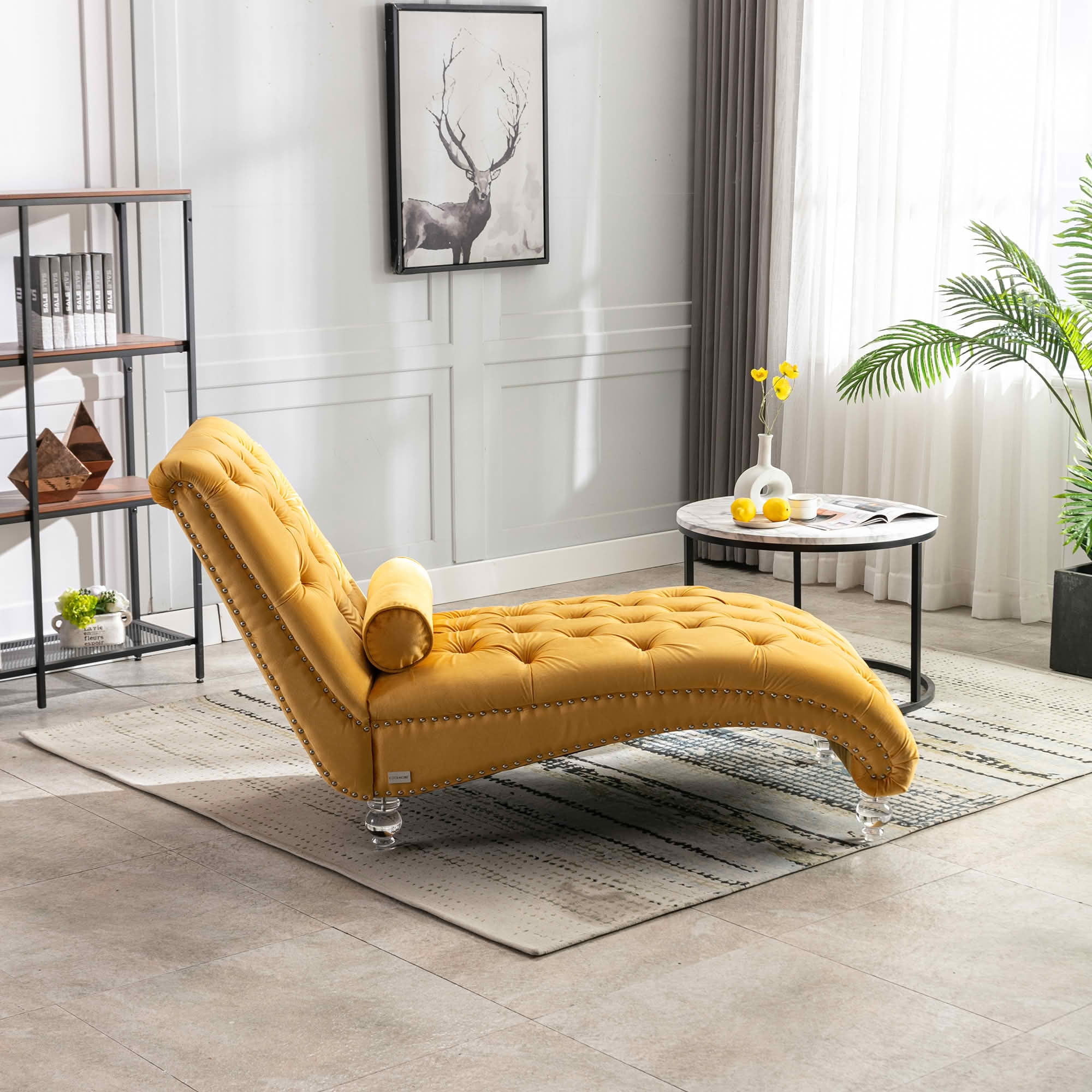 MAYEERTY Velvet Button Tufted Chaise Lounge with Pillow, Ergonomic S-Shape Indoor Lounge Chair with Wood Frame Acrylic Legs for Bedroom Living Room Office
