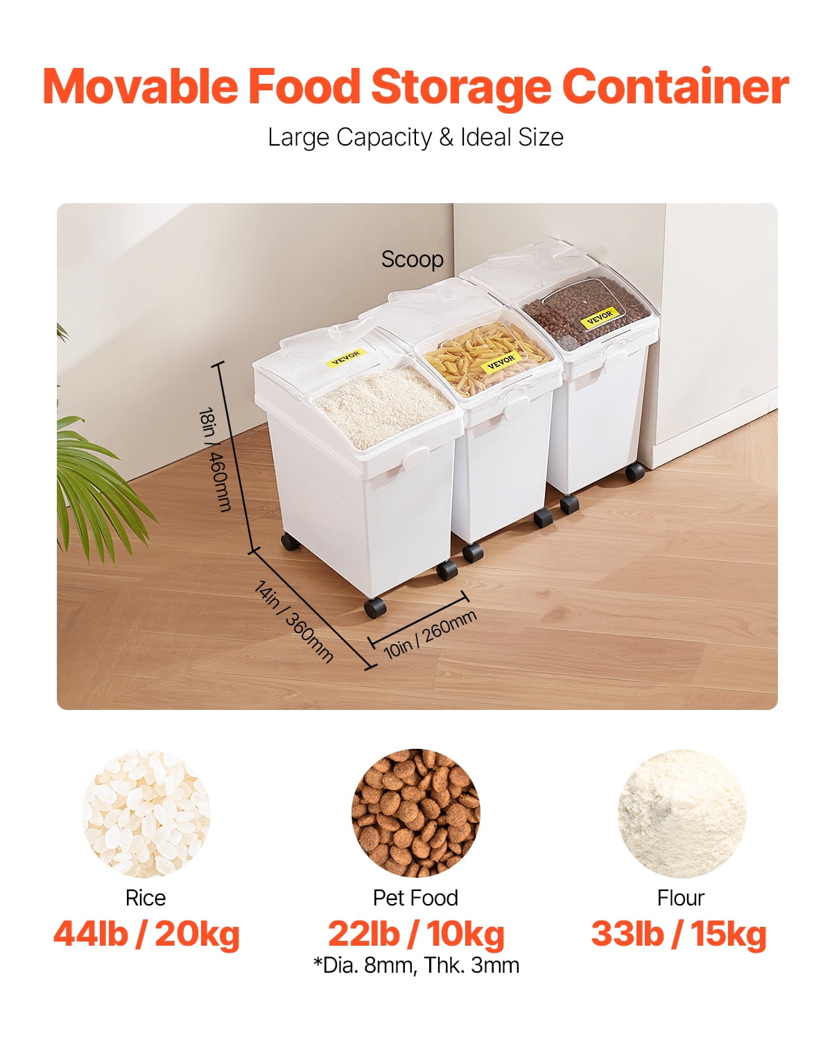 VEVORbrand Ingredient Bin, 6.6 Gallons Capacity Ingredient Storage Bin, 3 Pcs/Set, PP Material Flour Bins On Wheels, White Shelf with Scoop and Sliding Lid, Commercial Storage Bins