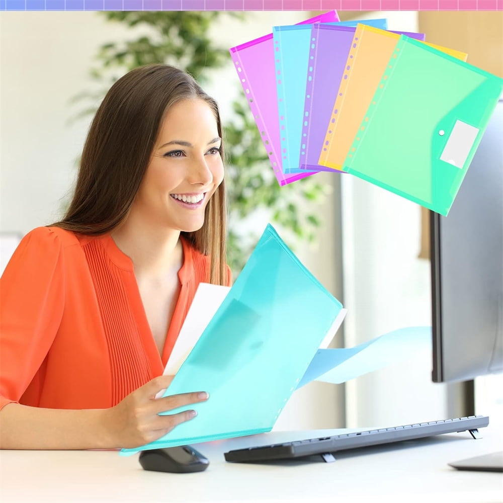 6 Assorted Color Document Folders,Plastic Binder Pocket with Snap Button and Lable,11 Holes Poly Filing Envelopes,Letter A4 Size Expandable File Pouch,Home Work Office Organizer,Set of 12