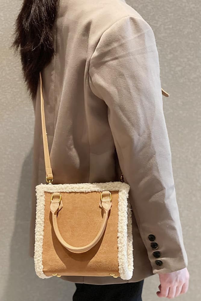 JennyShop Trendy PU Tote Handbag Premium Bag, Square Purse Fashionable Shoulder Bag with Faux Lambswool Decoration for Women