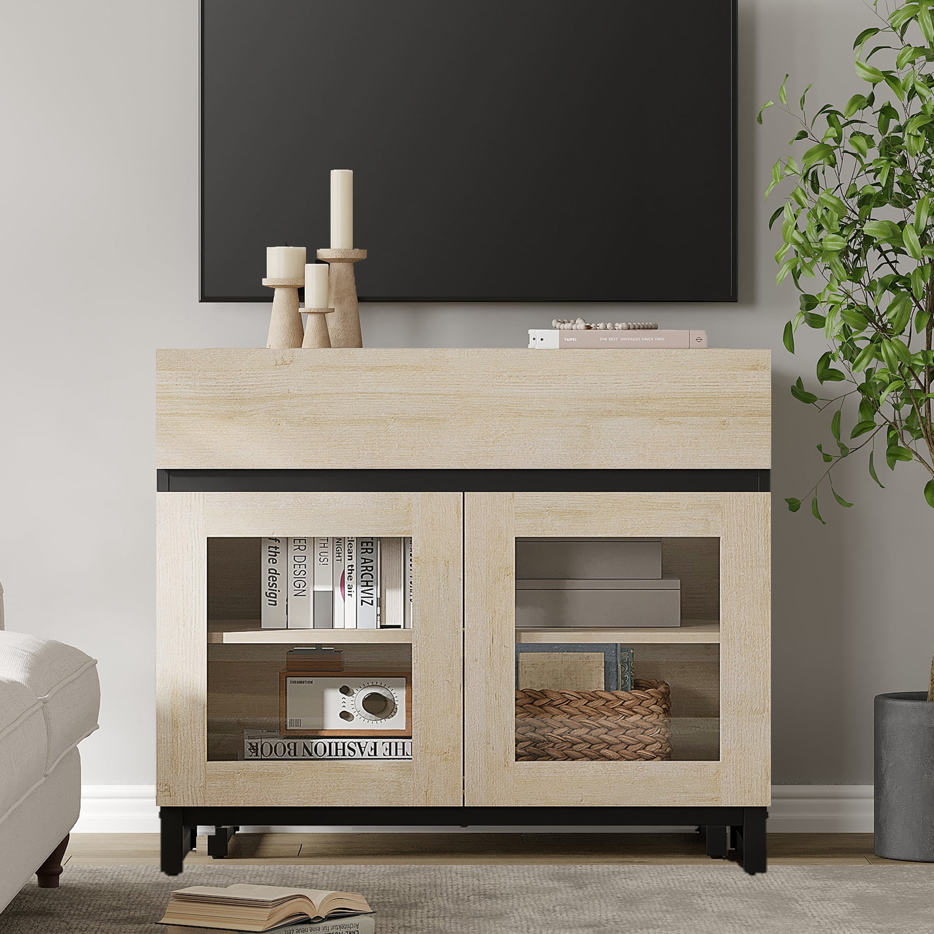WAMPAT 3-in-1 Modern TV Stand for TVs up to 100 Inch, Glass Doors & 1 Drawer Entertainment Center, Media Console with Adjustable Shelf for Living Room & Bedroom