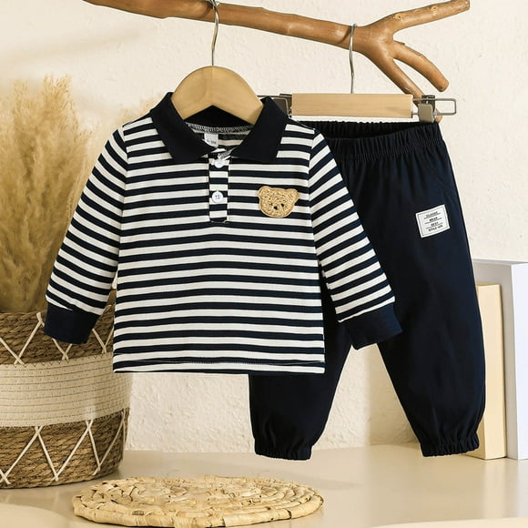 Boys Outfits & Sets Fall Striped Shirt and Pants Outfit with Bear Embroidery for Toddlers and Kids Comfortable Casual Wear Baby Winter 4t Designer Clothes Kid Clothes Sweat Suits for Boys Pant Set for