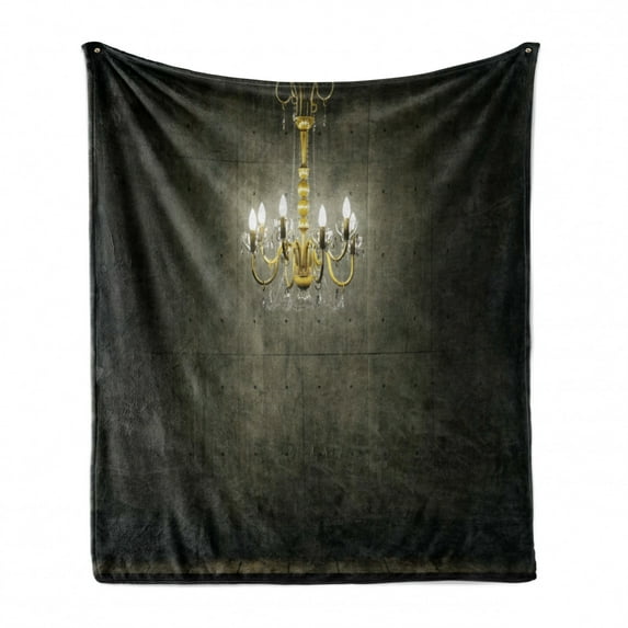 Grunge Soft Flannel Fleece Throw Blanket, Classic Chandelier in a Dark Gothic Wooden Room Vintage Style Room Picture, Cozy Plush for Indoor and Outdoor Use, 60" x 80", Grey and Yellow, by Ambesonne