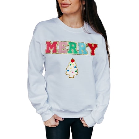 Casual Long Sleeve Sweatshirt with Festive Chenille Christmas Tree Design | [ZhiHiMeRi] | (US 12-14)L