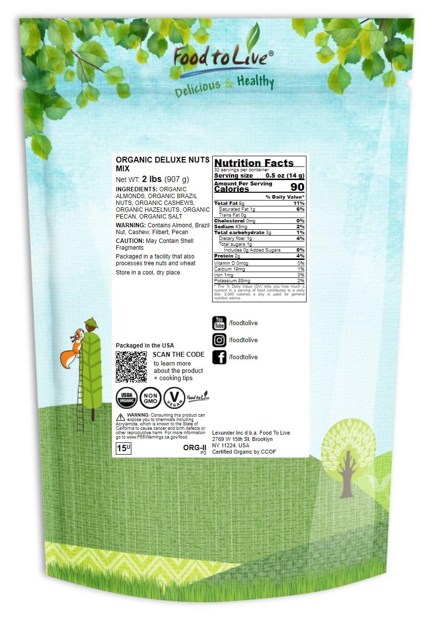 Organic Deluxe Nuts Mix, 2 Pounds — Non-GMO, Kosher, Vegan — by Food to Live
