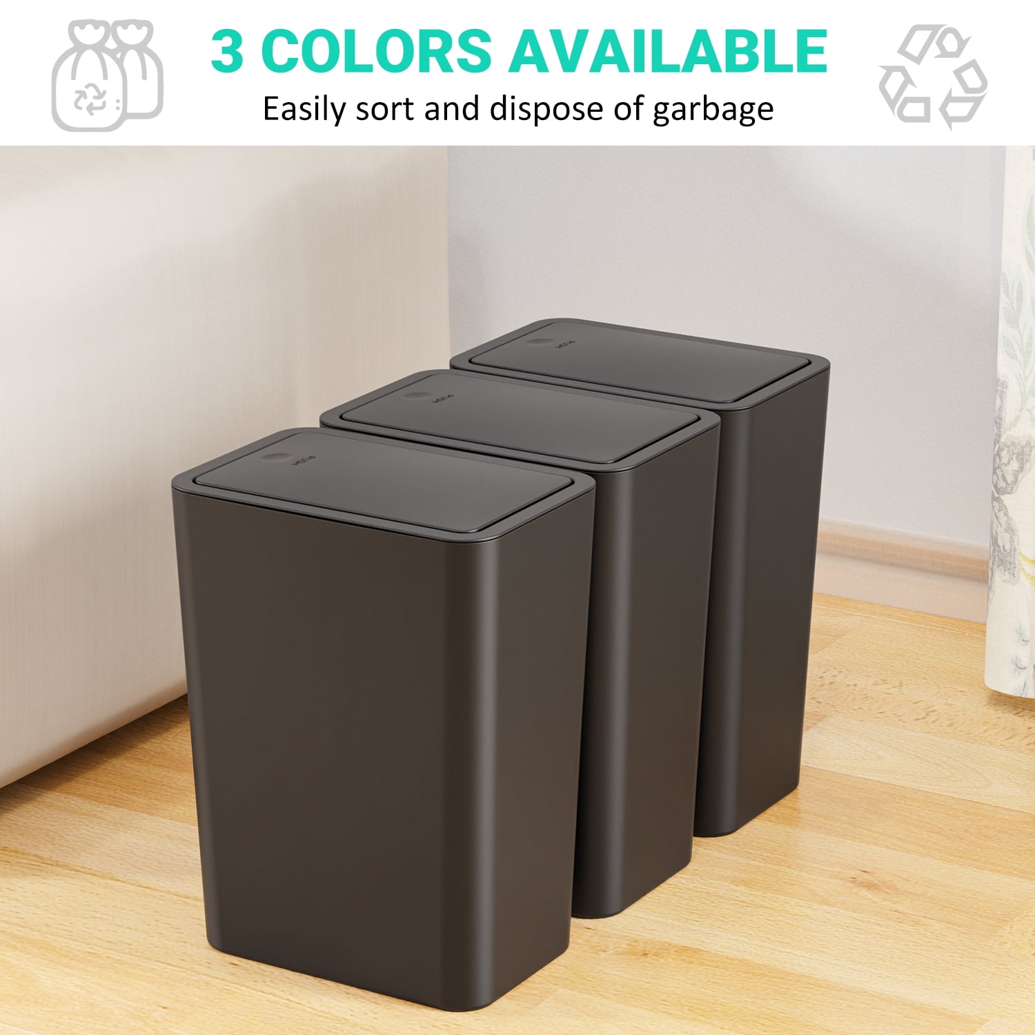 TINANA Small Trash Can with Lid, 3 Pack 10L Plastic Trash Bin, 2.6 Gallon Slim Garbage Bin Wastebasket with Pop-Up Lid for Bathroom, Bedroom, Office, Kitchen, Craft Room-Black