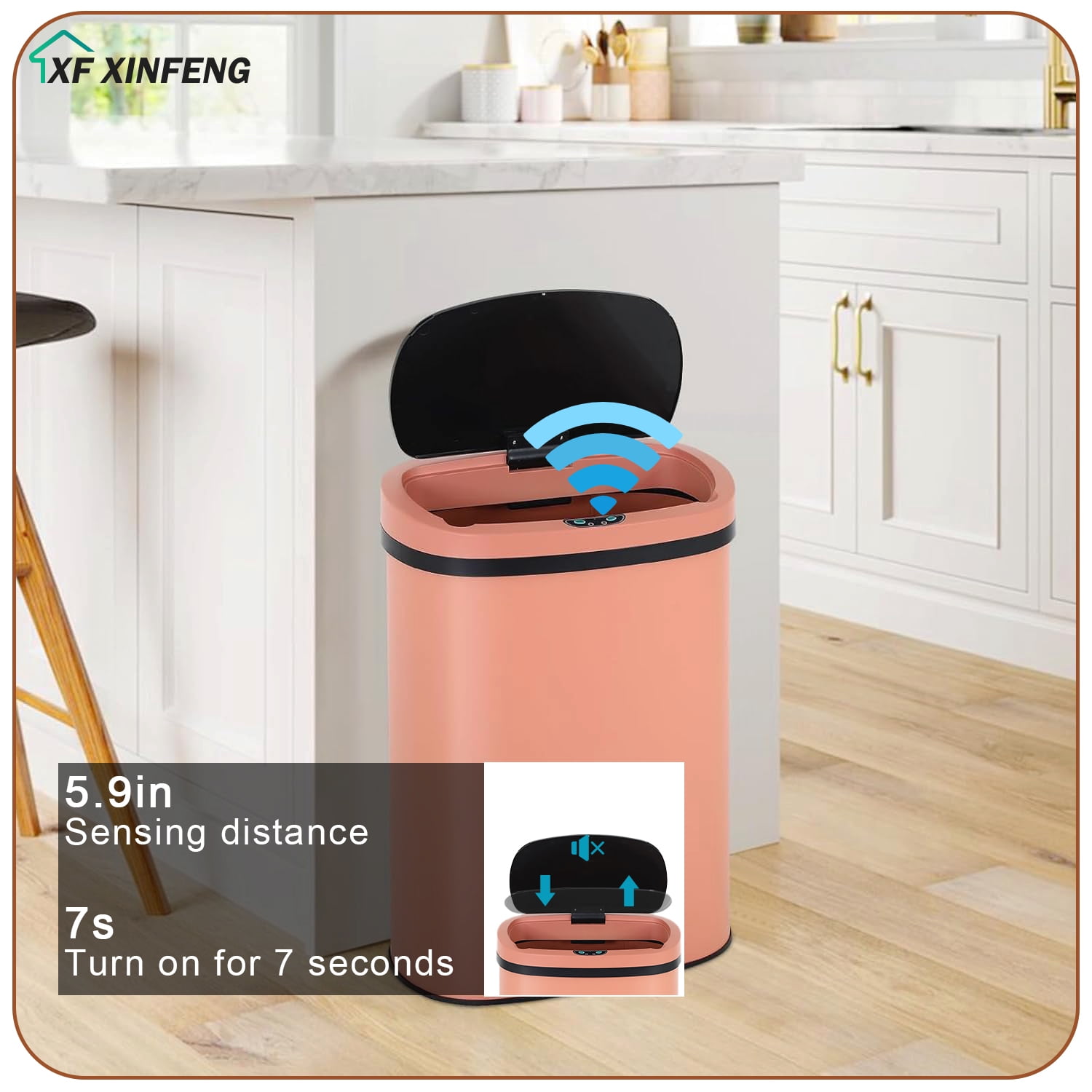 XF XINFENG 13 Gallon 50 Liter Garbage Can Kitchen Trash Can with Lid Automatic Sensor Touch Free Stainless Steel Waste Bin for Bathroom/Bedroom/Home/Office, Pink