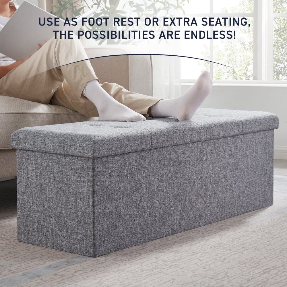 Ornavo Home Foldable Tufted Linen Large Storage Ottoman Bench Foot Rest Stool/Seat - 15" x 43" x 15"