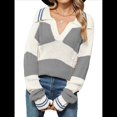 thumbnail image 1 of Suéter de Punto para Mujer, con Solapa A Rayas, Holgado, Cuello en V, Informal, de Larga y Bloques de Color, para Otoño e Invierno Rayas Blancas Grises M, 1 of 8