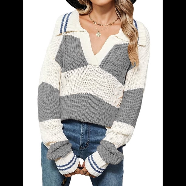 Suéter de Punto para Mujer, con Solapa A Rayas, Holgado, Cuello en V, Informal, de Larga y Bloques de Color, para Otoño e Invierno Rayas Blancas Grises M