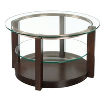 Round Coffee Table with Glass Top & Shelf - Modern Espresso Accent Table for Living Room