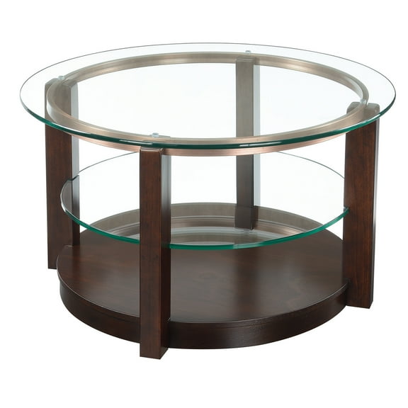Round Coffee Table with Glass Top & Shelf - Modern Espresso Accent Table for Living Room