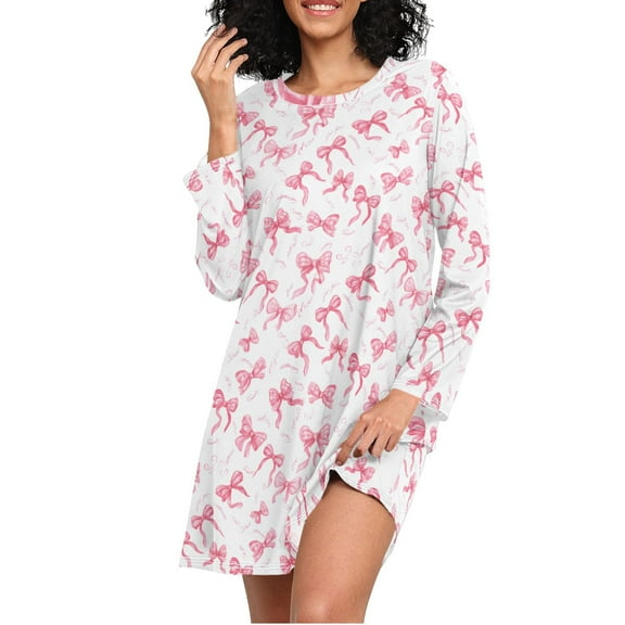 joogoo Pink Bows Women's Long Sleeve Nightgown Sleepwear L