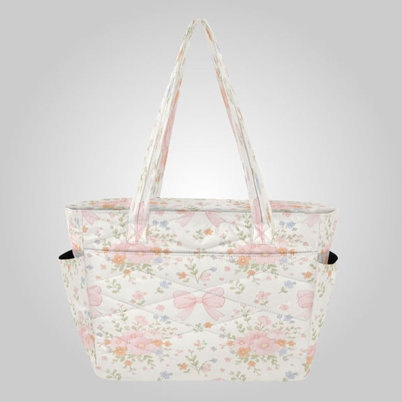 Quilted Tote Bag Large Capacity Multi-Compartment Handbag Lightweight Structured Shoulder Bag Versatile Casual Bag Cream Floral Bows Pattern