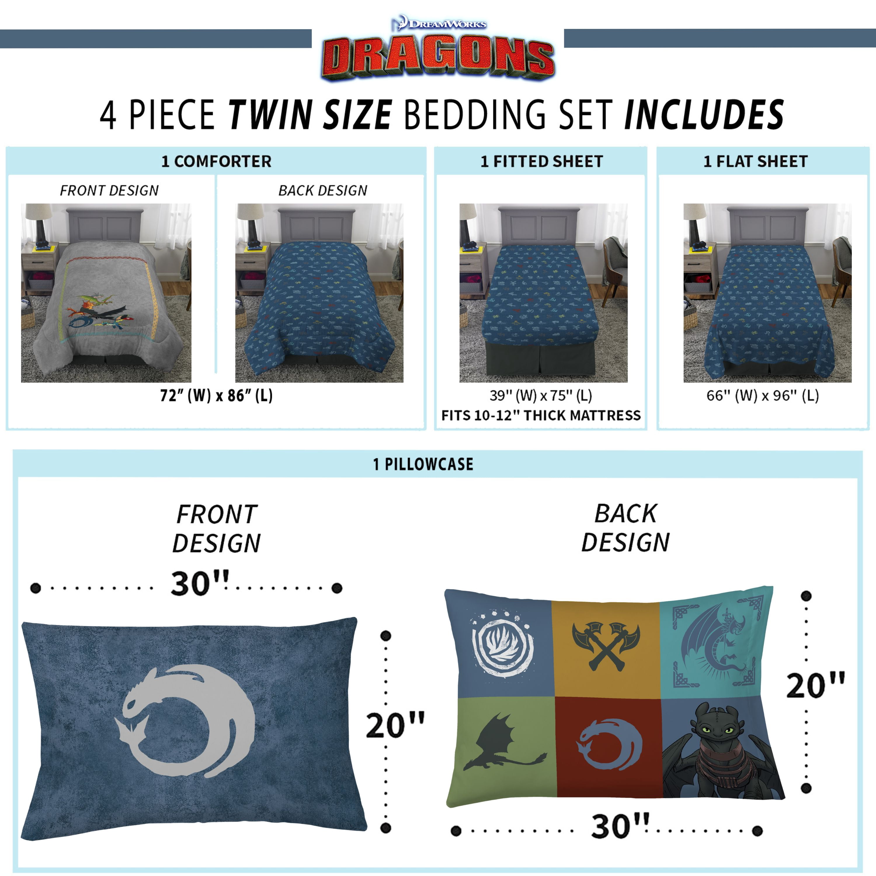 How to Train Your Dragon Kids Twin Bed in a Bag, 4-Piece Bedding Set, Comforter and Sheets