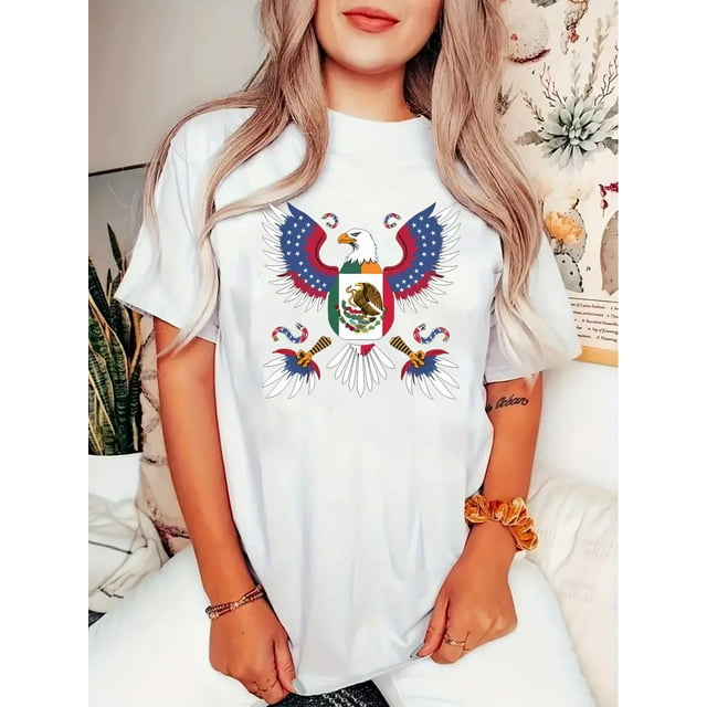 Women's Stylish Eagle & Flag Print T-Shirt - Soft Polyester Blend, Casual Round Neck Short Sleeve Tee, Vibrant Mexican Flag Design, Comfortable Summer Top for Casual Attire
