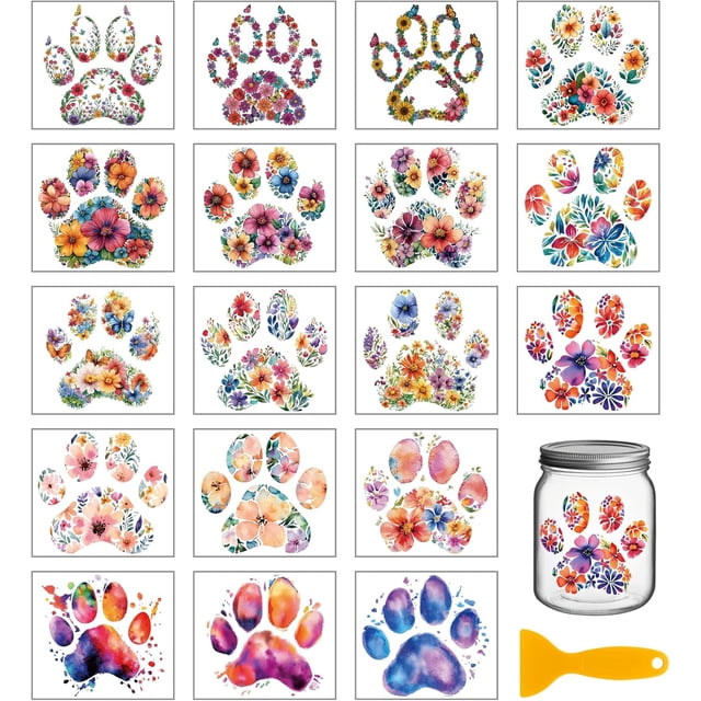 18 hojas de pegatinas de transferencia de huellas de perro de 3,9 x 3,6 pulgadas, flores, garras de perro, pegatinas de marca de agua coloridas, transferencia para frotar