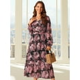 thumbnail image 4 of DARING DIVA Long Sleeve Floral V Neck Boho Chiffon Midi Dress S Black, 4 of 8