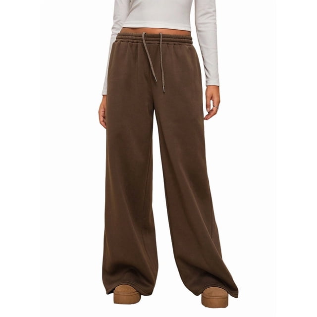Pantalones Deportivos de Pierna para Mujer, Holgados, con Cordón, de Cintura Alta y Bolsillos Café L