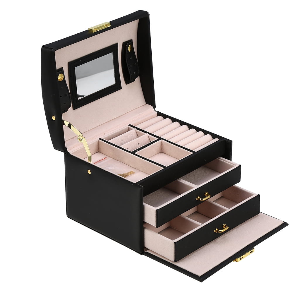 Jewelry Box Jewelry Organizer Box Display Storage Case Holder with Two Layers Lock Mirror Women Girls Leather Jewelry Box for Earrings Rings Necklaces Bracelets Earrings Gift Black